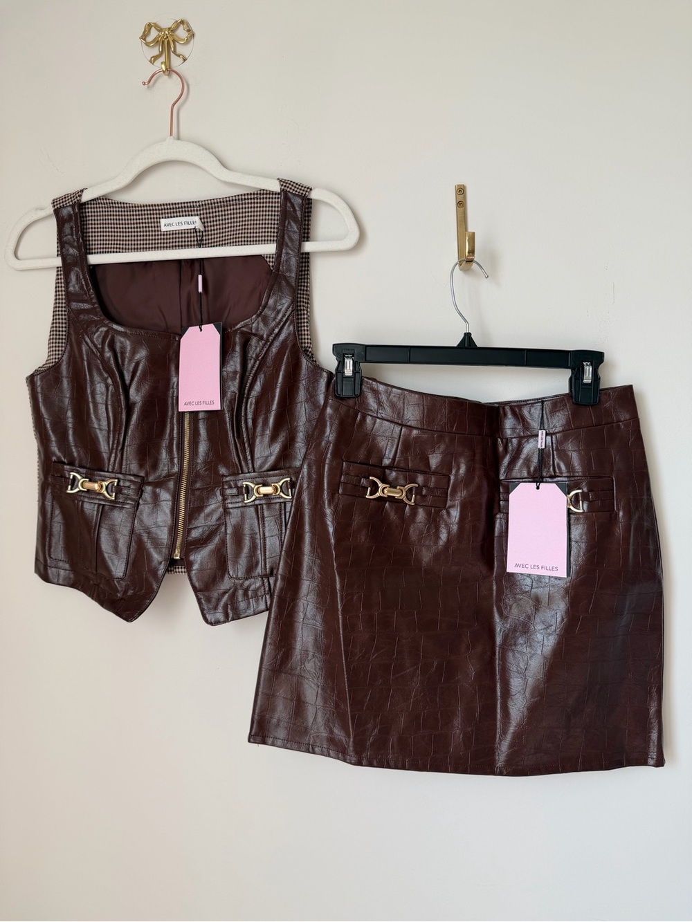 Avec Les Filles Dark Brown Croc-Embossed Faux Leather vest and Mini Skirt set